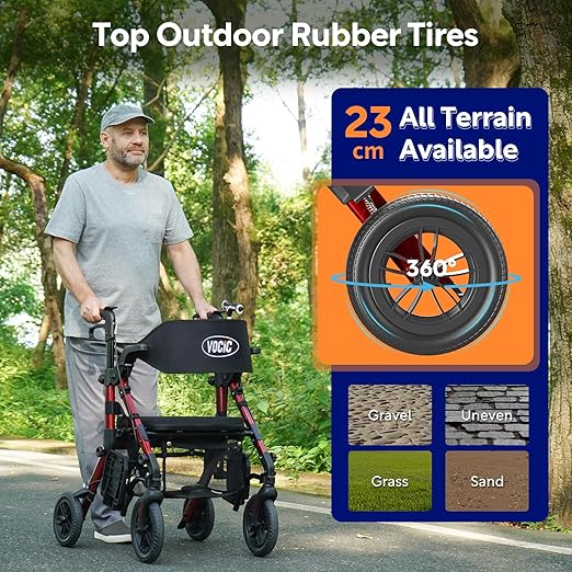 Lichtgewicht 2‑in‑1 Rolstoel & Rollator – Opvouwbaar - Rubberen Buitenbanden - Geschikt voor Alle Ondergronden