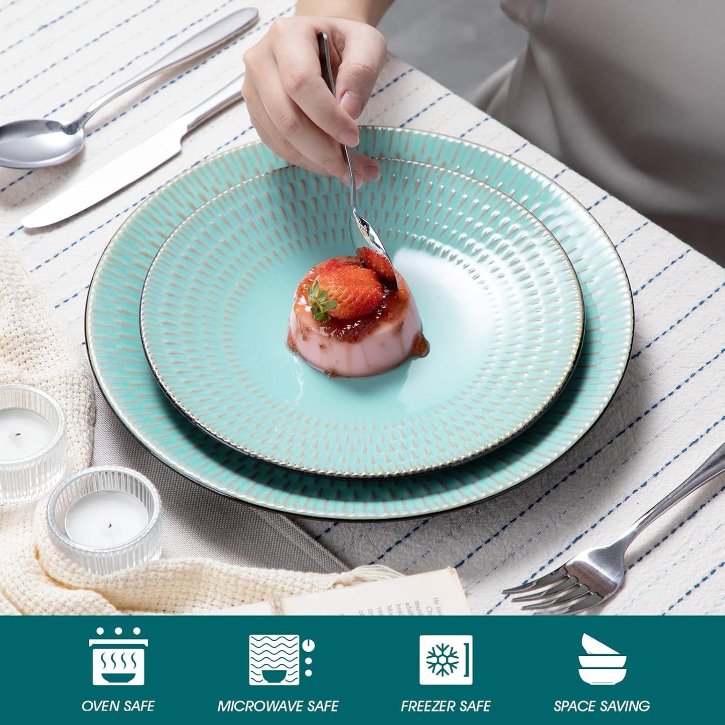 Serviesset groen - Keramisch - 12 borden groot - 12 borden klein - 12 kommen - 12 kopjes - 48 delig - Reliëf - Groen