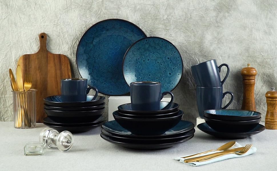 Serviesset Blauw - Keramisch - 8 borden groot - 8 borden klein - 8 schalen - 8 kopjes - 32 delig - Vintage - Blauw