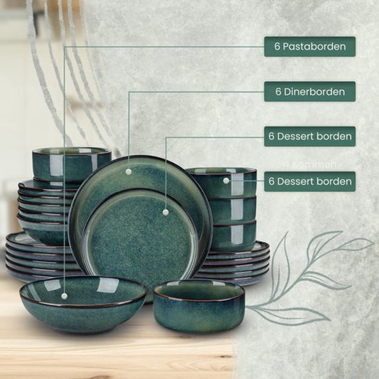 Luxe Serviesset – 24 delig – 6 persoons – Porselein - Bordenset – Dinner platen – Dessertborden - Kommen - Pastabord - Groen - Deluxe