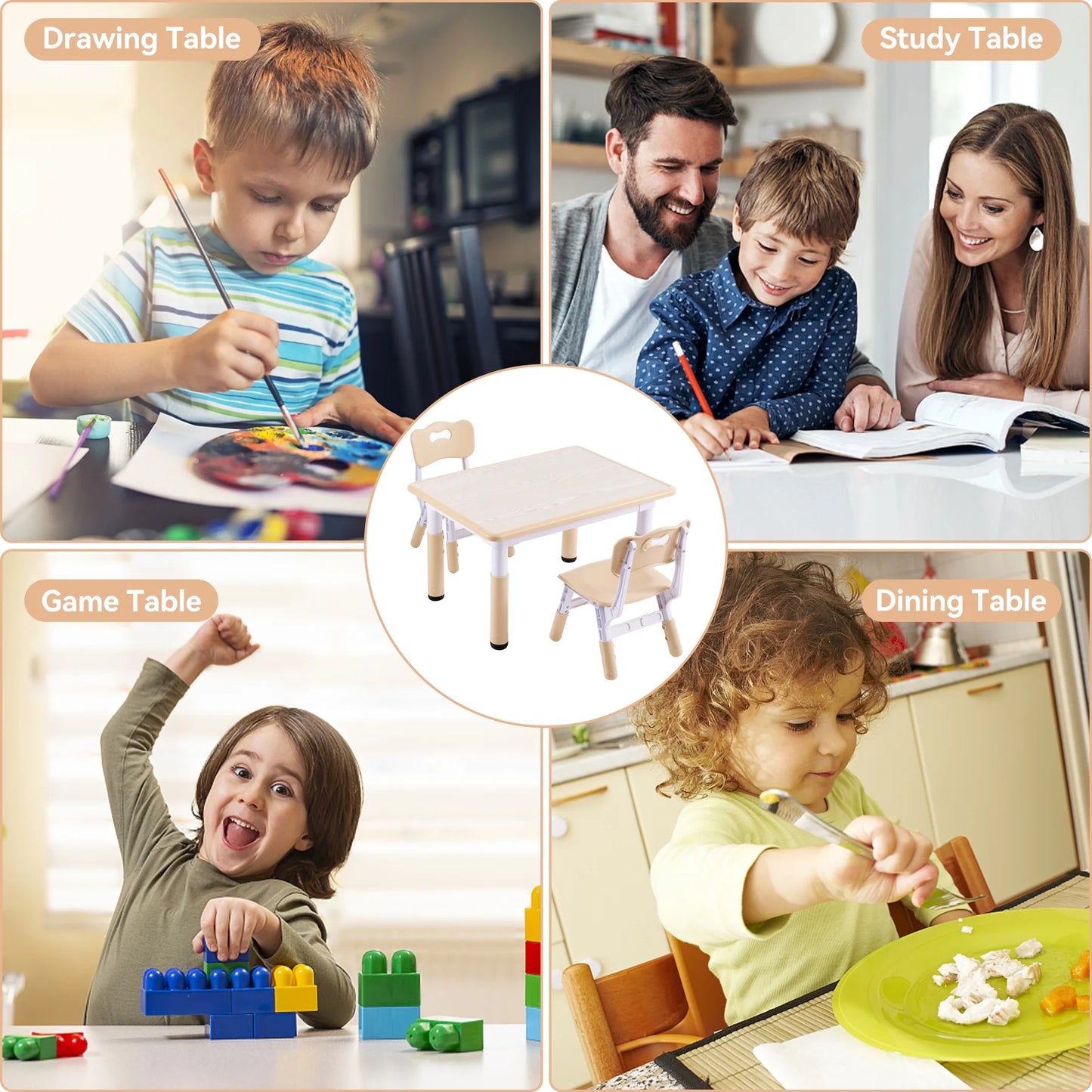 Kindertafel - Kinder tafel met stoelen - Speeltafel - Tekentafel - Set van tafel en stoelen - Kunststof - Hoogte verstelbaar - Beige - 60x60cm
