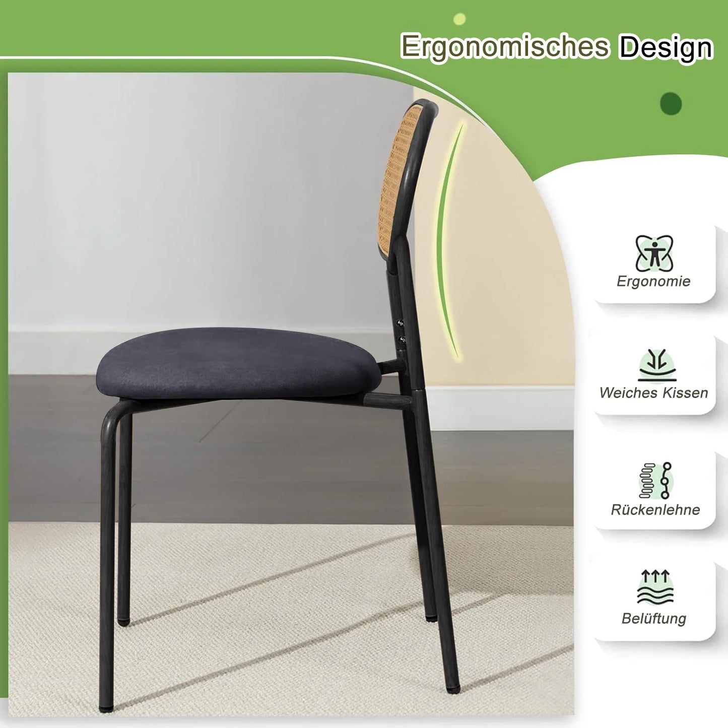 Set van 2 Rotan Eetkamerstoelen – Gestoffeerde Stoelen met Handgeweven Rugleuning en Verstelbare Metalen Poten – Zwart & Houtkleur – Geschikt voor Eetkamer, Kaptafel of Woonkamer