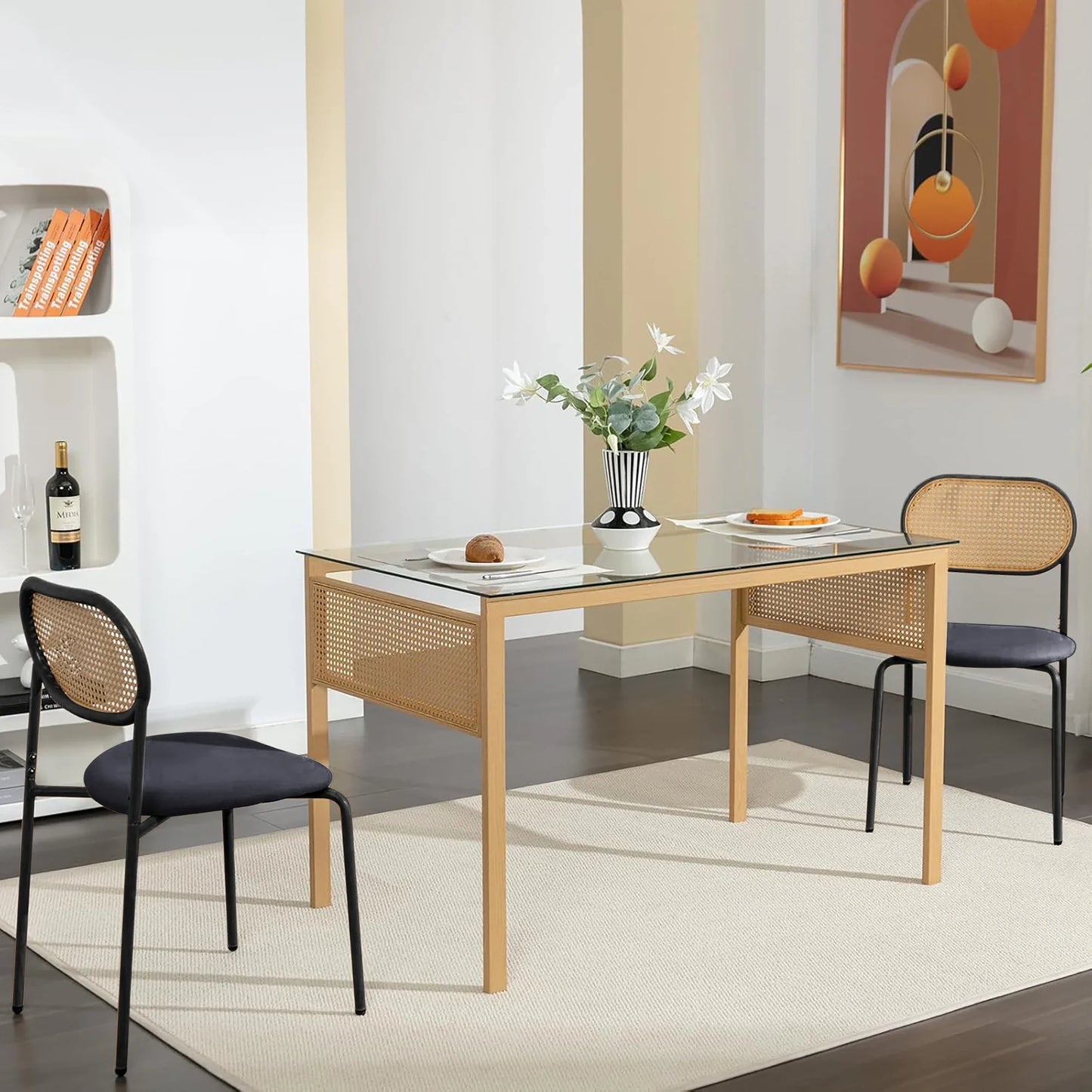 Set van 2 Rotan Eetkamerstoelen – Gestoffeerde Stoelen met Handgeweven Rugleuning en Verstelbare Metalen Poten – Zwart & Houtkleur – Geschikt voor Eetkamer, Kaptafel of Woonkamer