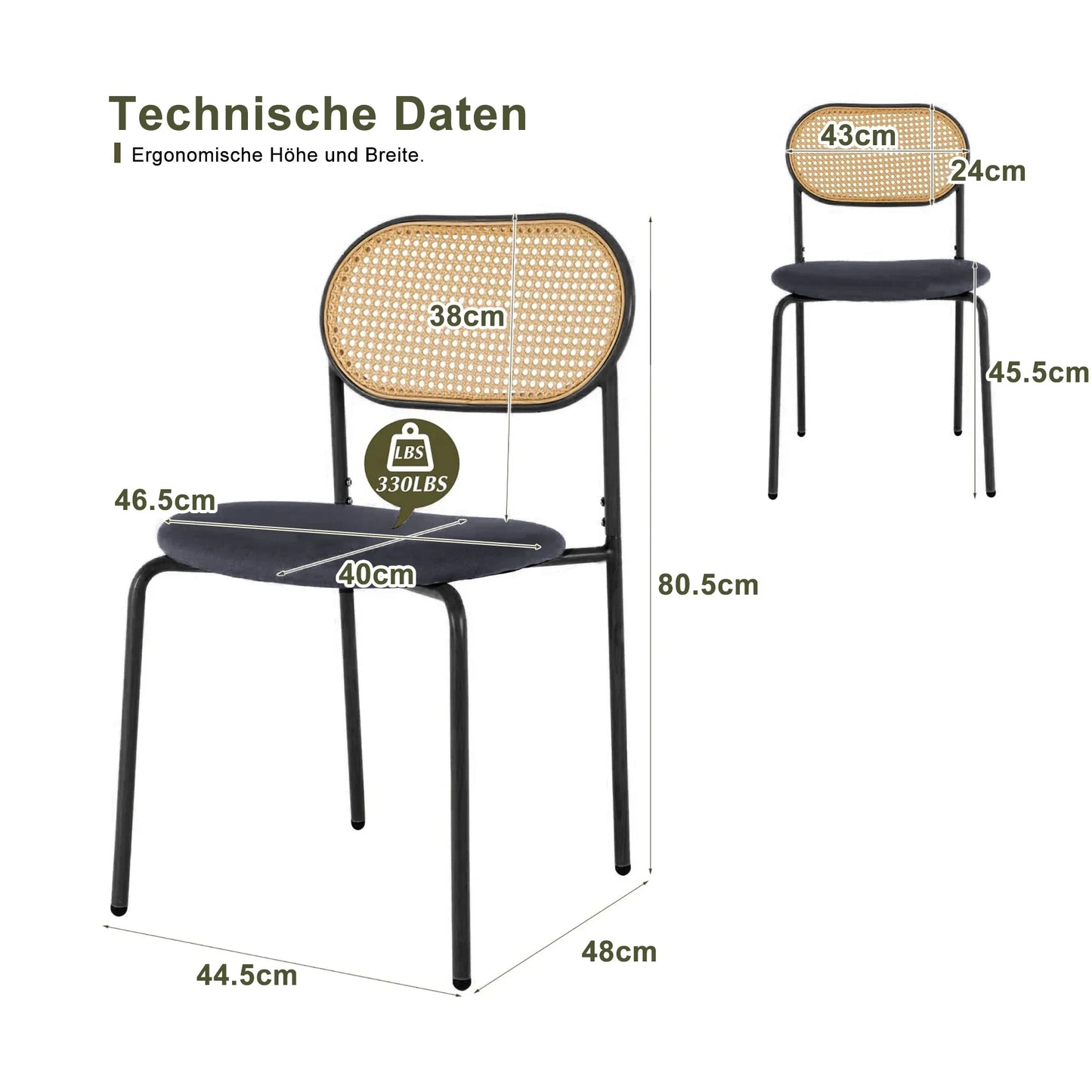 Set van 2 Rotan Eetkamerstoelen – Gestoffeerde Stoelen met Handgeweven Rugleuning en Verstelbare Metalen Poten – Zwart & Houtkleur – Geschikt voor Eetkamer, Kaptafel of Woonkamer