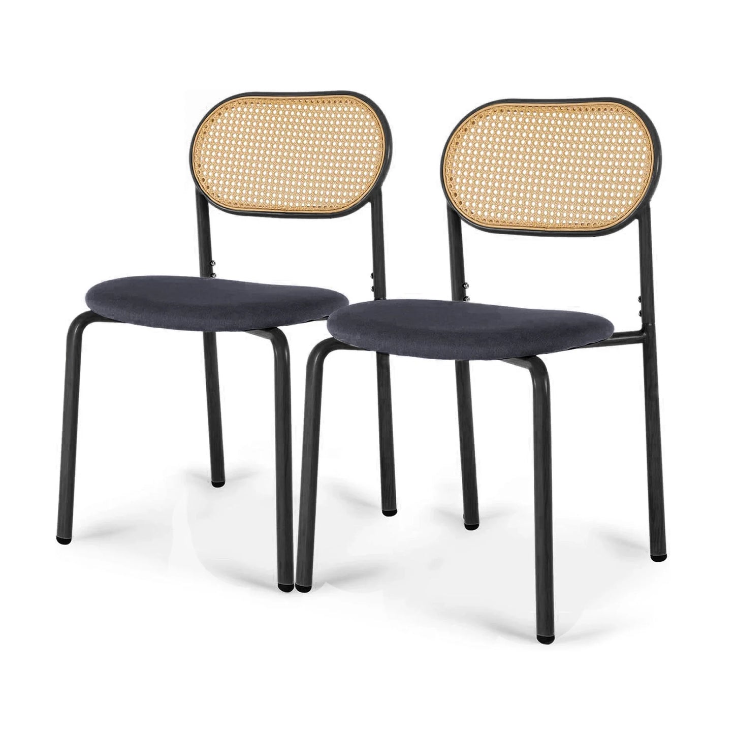 Set van 2 Rotan Eetkamerstoelen – Gestoffeerde Stoelen met Handgeweven Rugleuning en Verstelbare Metalen Poten – Zwart & Houtkleur – Geschikt voor Eetkamer, Kaptafel of Woonkamer