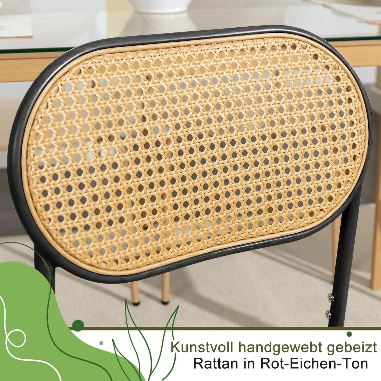 Set van 2 Rotan Eetkamerstoelen – Gestoffeerde Stoelen met Handgeweven Rugleuning en Verstelbare Metalen Poten – Zwart & Houtkleur – Geschikt voor Eetkamer, Kaptafel of Woonkamer