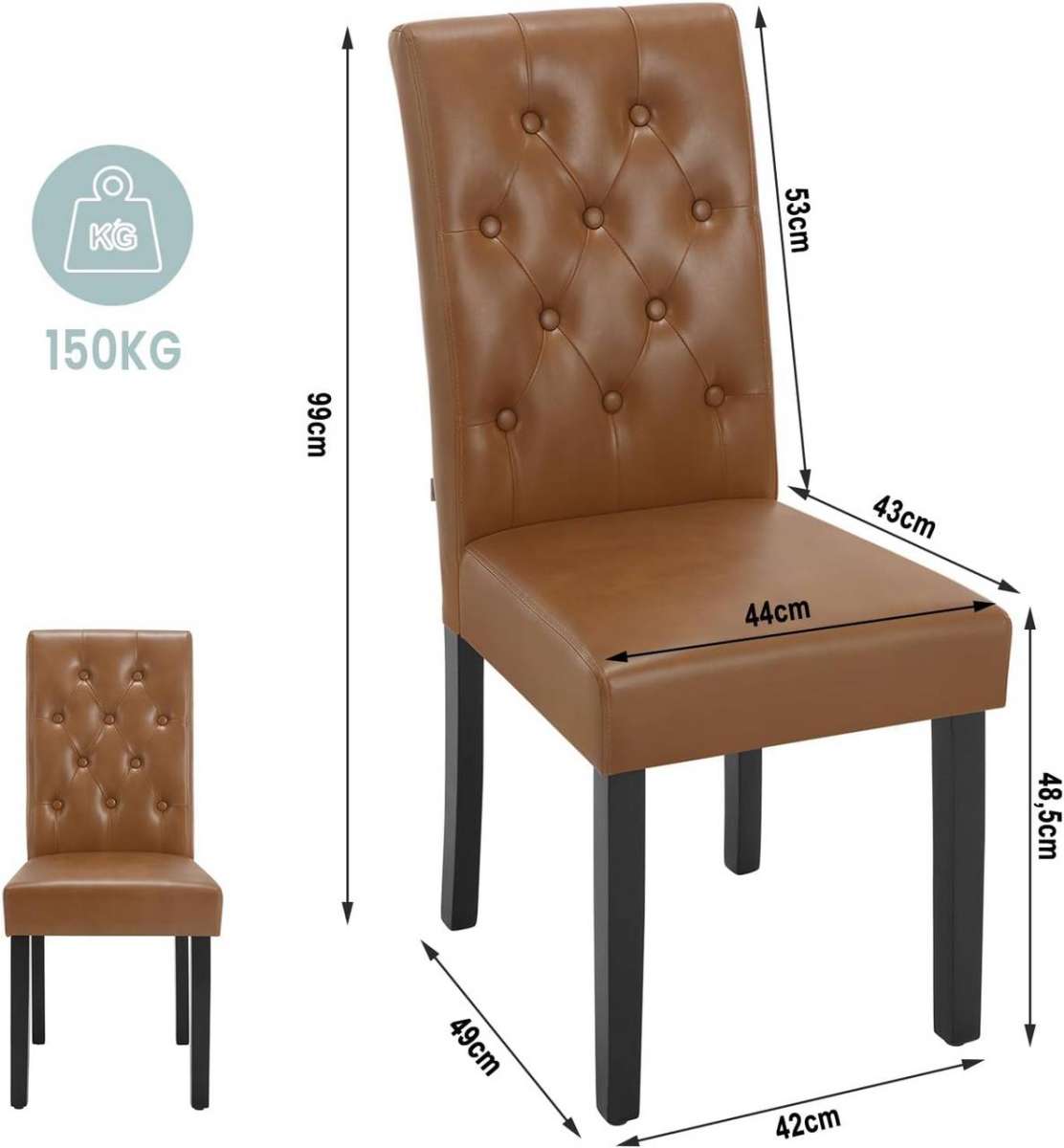 Stoel - Eetkamerstoelen - Set van 2 Kunstleer Eetkamerstoelen - Ergonomisch - Massief Houten Poten – Hoge Rugleuning - Comfortabel Gevoerd – Ergonomisch & Duurzaam – Voor Keuken - Eetkamer - 44x99x59cm - Bruin