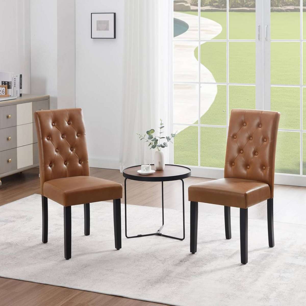 Stoel - Eetkamerstoelen - Set van 2 Kunstleer Eetkamerstoelen - Ergonomisch - Massief Houten Poten – Hoge Rugleuning - Comfortabel Gevoerd – Ergonomisch & Duurzaam – Voor Keuken - Eetkamer - 44x99x59cm - Bruin