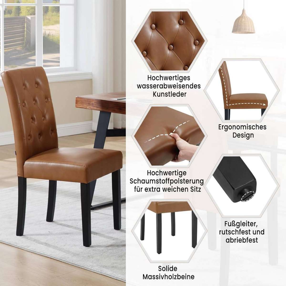 Stoel - Eetkamerstoelen - Set van 2 Kunstleer Eetkamerstoelen - Ergonomisch - Massief Houten Poten – Hoge Rugleuning - Comfortabel Gevoerd – Ergonomisch & Duurzaam – Voor Keuken - Eetkamer - 44x99x59cm - Bruin