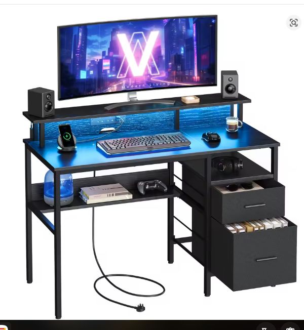 Verstelbaar Bureau met Lades & LED – 120 cm Werkblad, Monitorstandaard & Stopcontacten