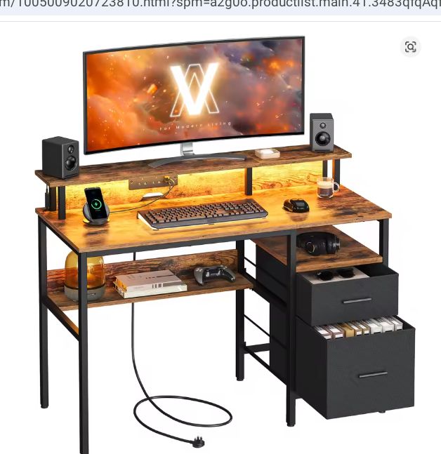 Verstelbaar Bureau met Lades & LED – 120 cm Werkblad, Monitorstandaard & Stopcontacten