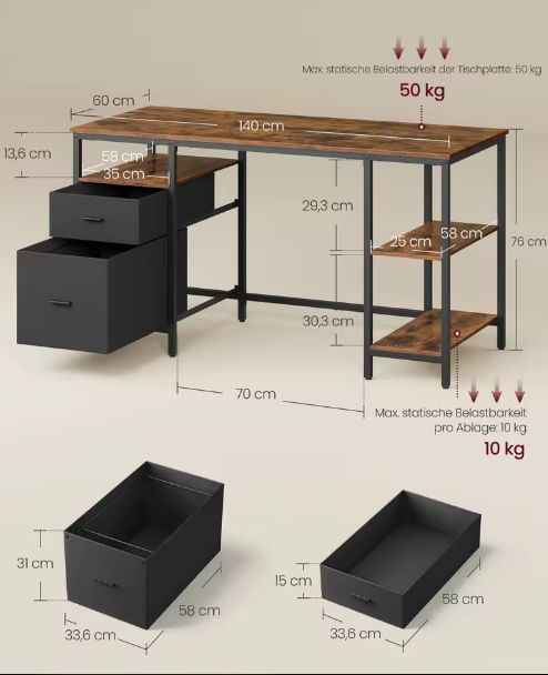 Bureau met Lades en Planken – 140 cm Werkblad & Industriële Stijl
