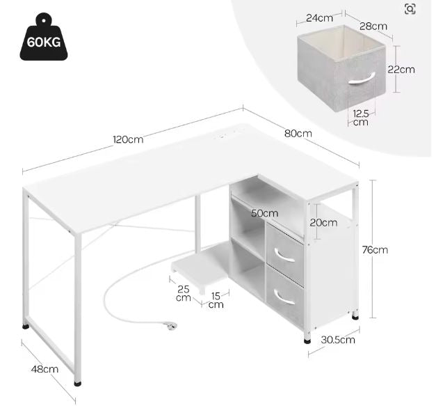 L-Vormig Hoekbureau met USB & Opbergruimte – 120 cm Werkblad