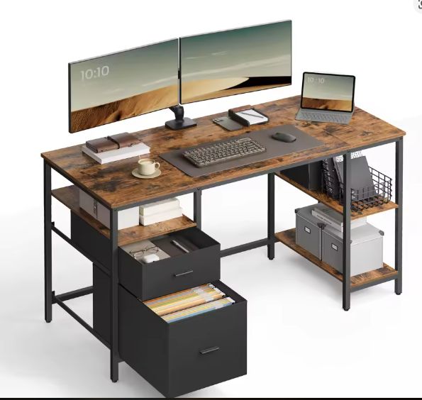Bureau met 3 Planken & 2 Lades – 60×140×76 cm, Industrieel en Functioneel