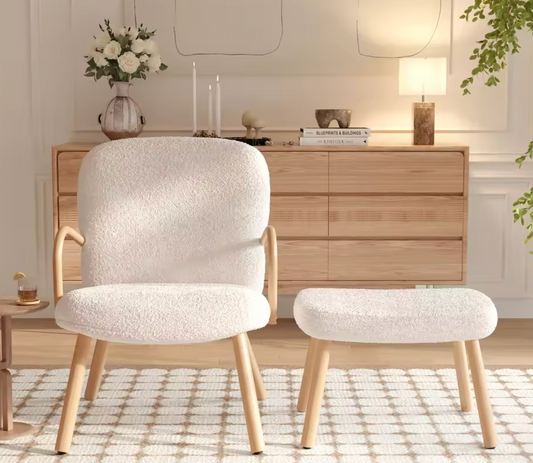 Fauteuil met Poef – Sherpa Bouclé Stoffering & Roestvrijstalen Poten – Hoge Rugleuning voor Extra Comfort