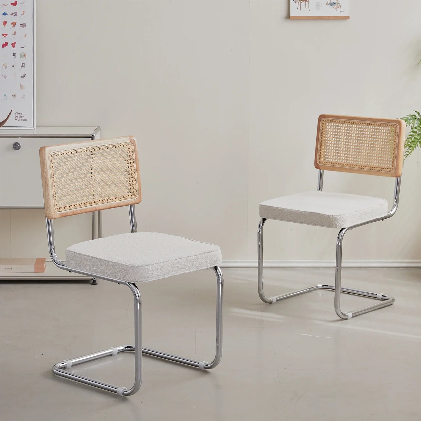 Set van 2 Retro Eetkamerstoelen – Rotan Look – Comfortabele Fluwelen Zitting – Stevig Metalen Frame – Boog Rugleuning – Natuurlijke Kleur