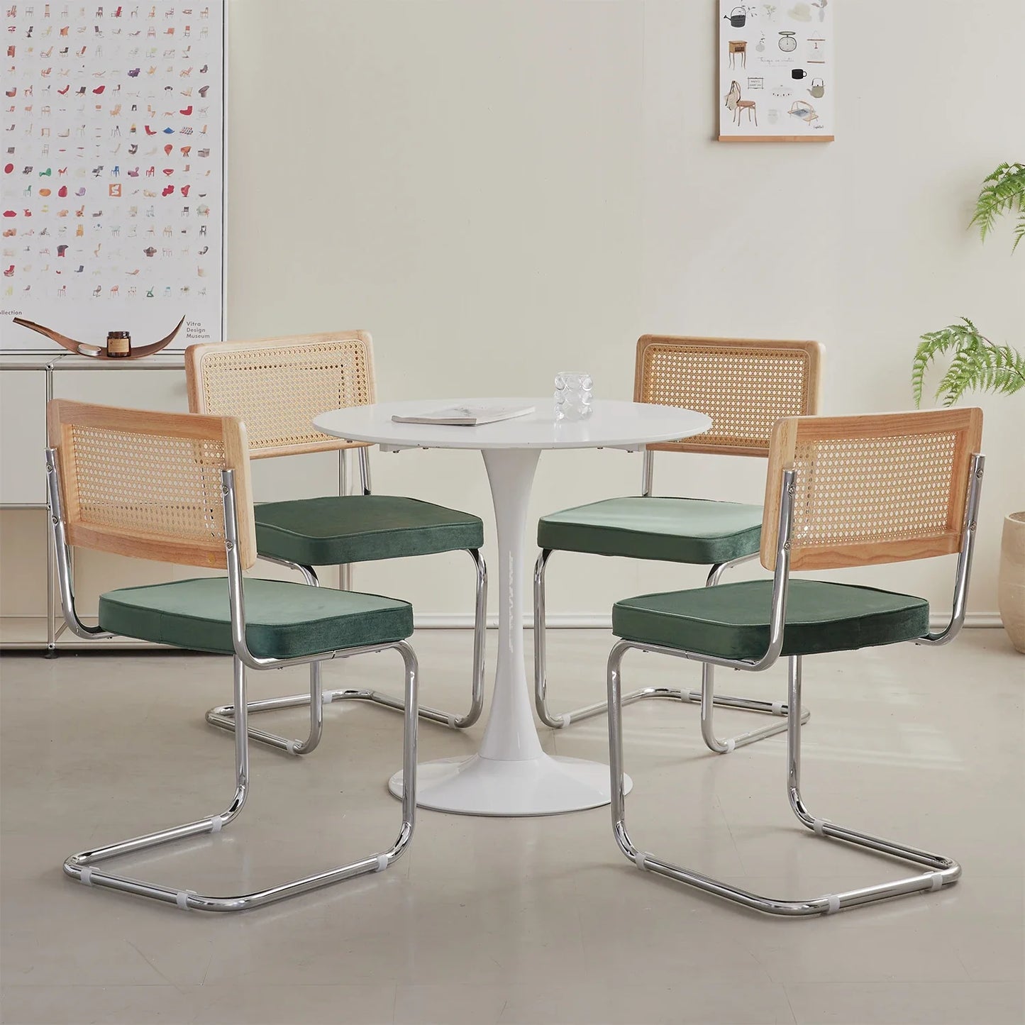Set van 2 Retro Eetkamerstoelen – Rotan Look – Comfortabele Fluwelen Zitting – Stevig Metalen Frame – Boog Rugleuning – Natuurlijke Kleur