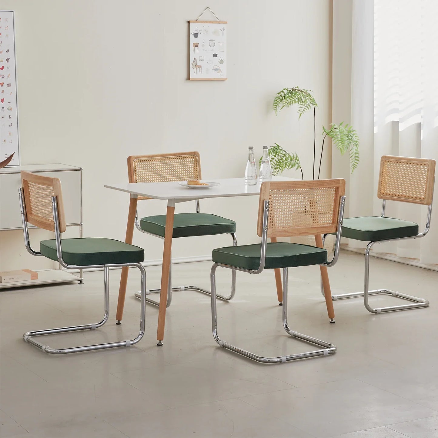 Set van 2 Retro Eetkamerstoelen – Rotan Look – Comfortabele Fluwelen Zitting – Stevig Metalen Frame – Boog Rugleuning – Natuurlijke Kleur