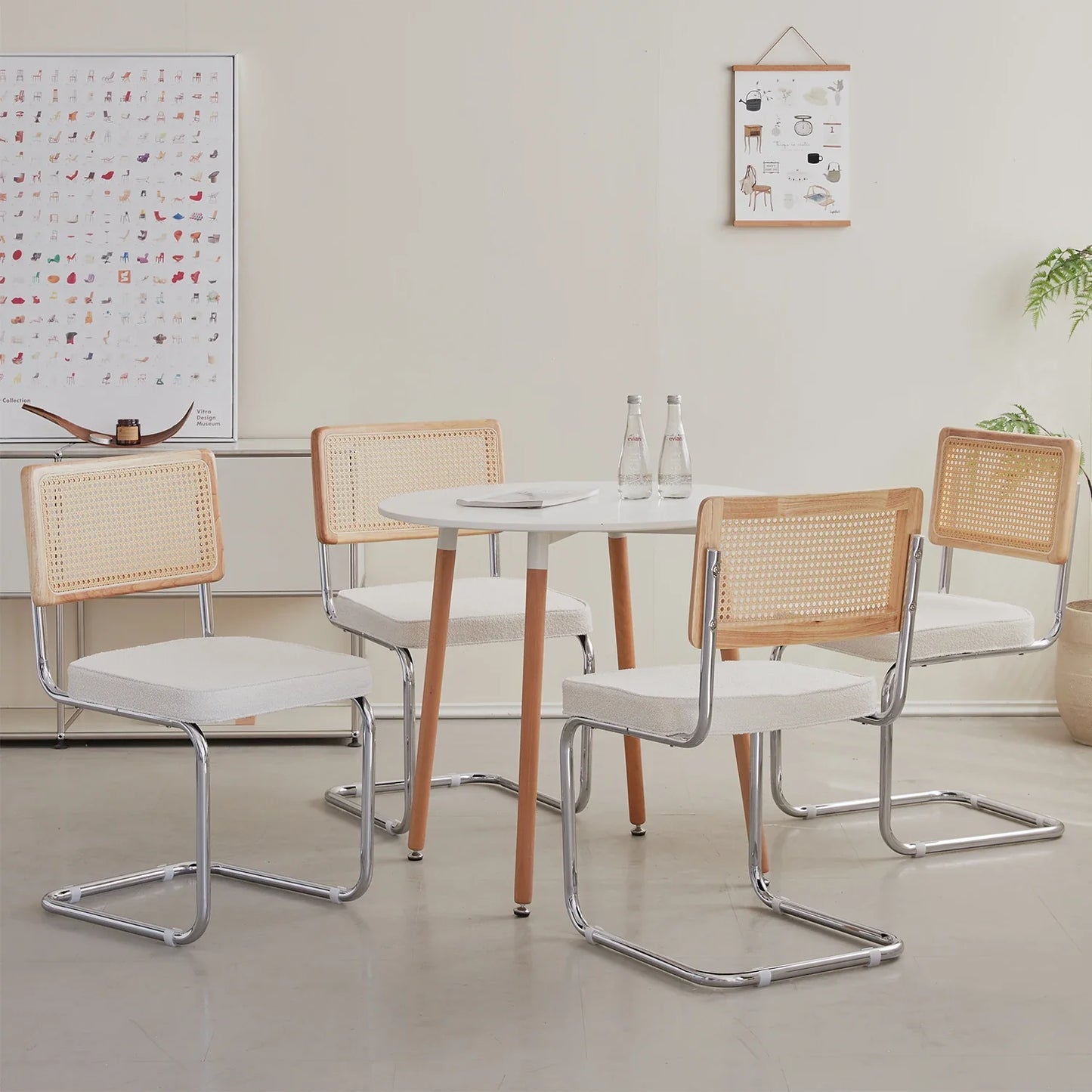 Set van 2 Retro Eetkamerstoelen – Rotan Look – Comfortabele Fluwelen Zitting – Stevig Metalen Frame – Boog Rugleuning – Natuurlijke Kleur