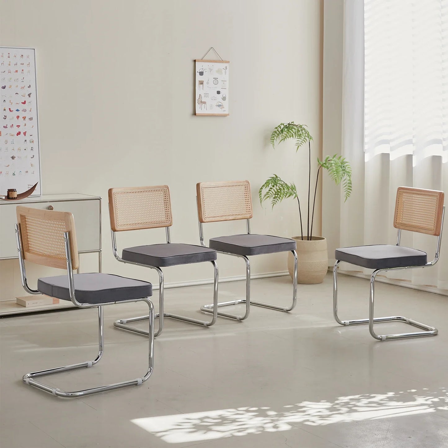 Set van 2 Retro Eetkamerstoelen – Rotan Look – Comfortabele Fluwelen Zitting – Stevig Metalen Frame – Boog Rugleuning – Natuurlijke Kleur