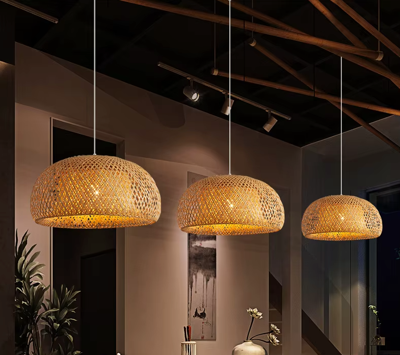 Boho Plafondlamp - Natuurlijke Bamboe en Rotan Plafondlamp - Handgeweven Designlamp