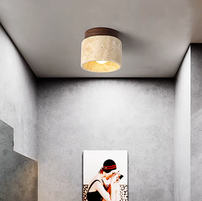 Inase Wabi-Sabi Plafondlamp van Travertijn en Hout