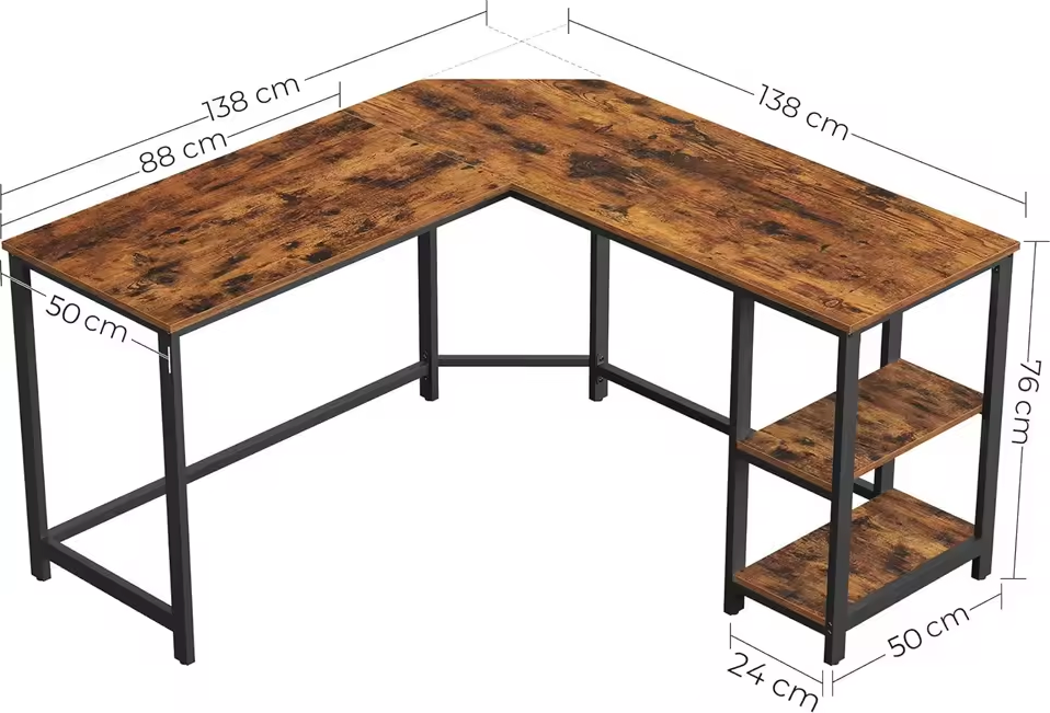 Sedia L-vormig Hoekbureau met 2 Planken – Vintage Bruin-Zwart