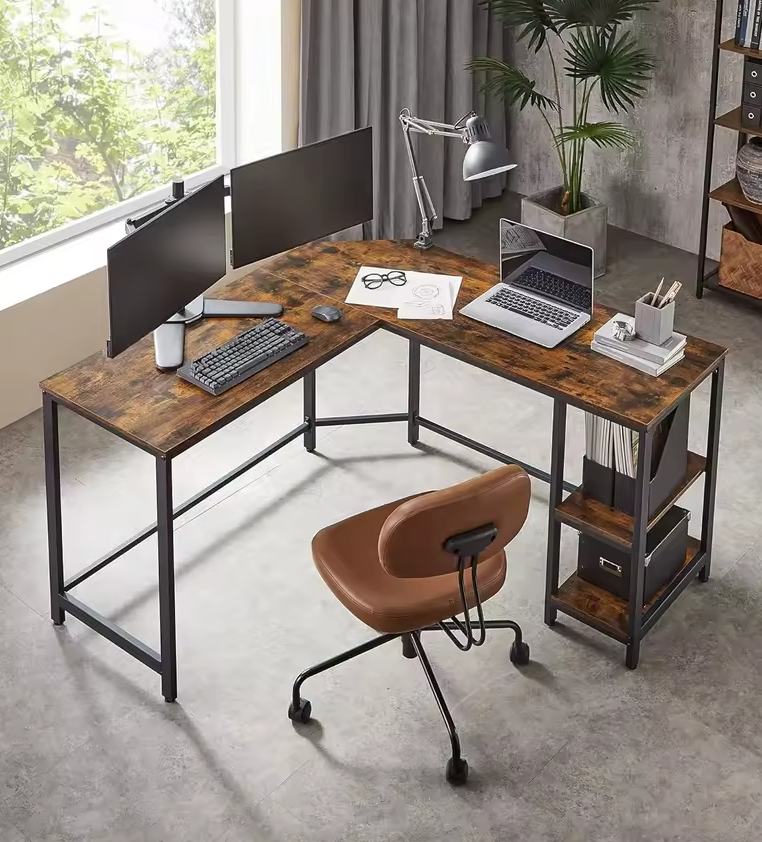 Sedia L-vormig Hoekbureau met 2 Planken – Vintage Bruin-Zwart