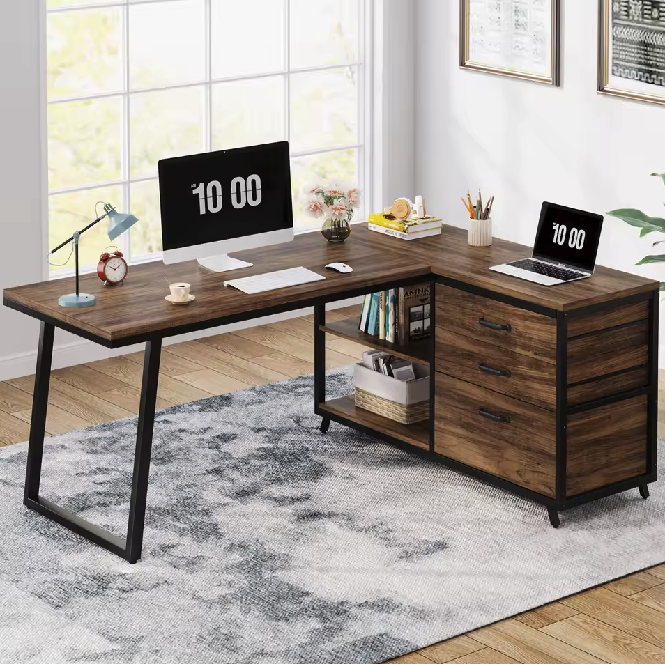 L-vormig Bureau met 3 Lades – Vintage Bruin-Zwart