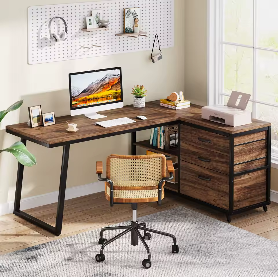 L-vormig Bureau met 3 Lades – Vintage Bruin-Zwart