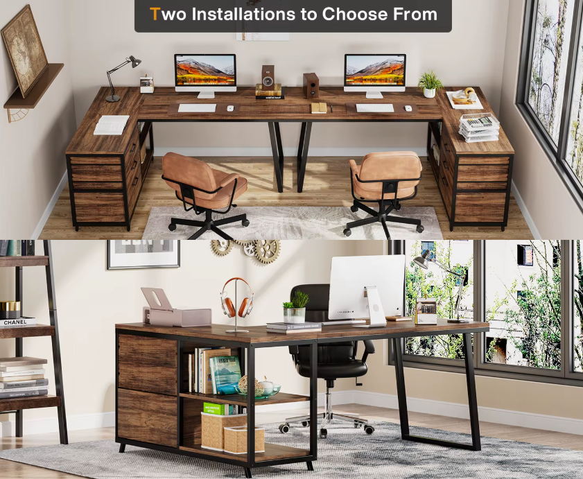 L-vormig Bureau met 3 Lades – Vintage Bruin-Zwart