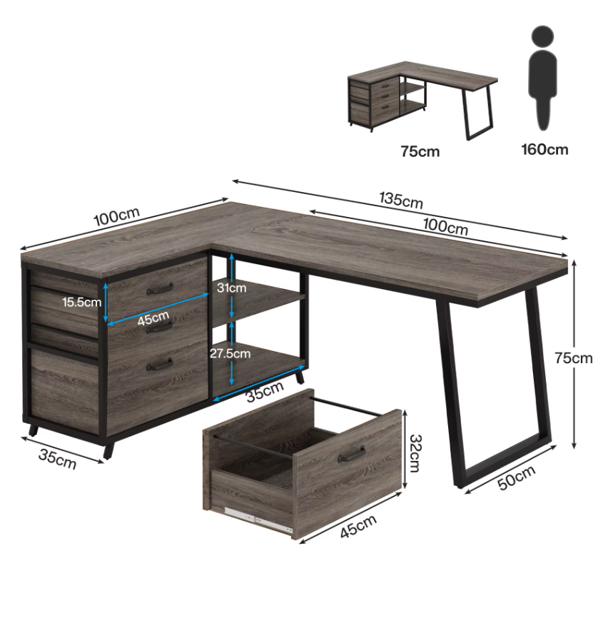 L-vormig Bureau met 3 Lades – Vintage Bruin-Zwart