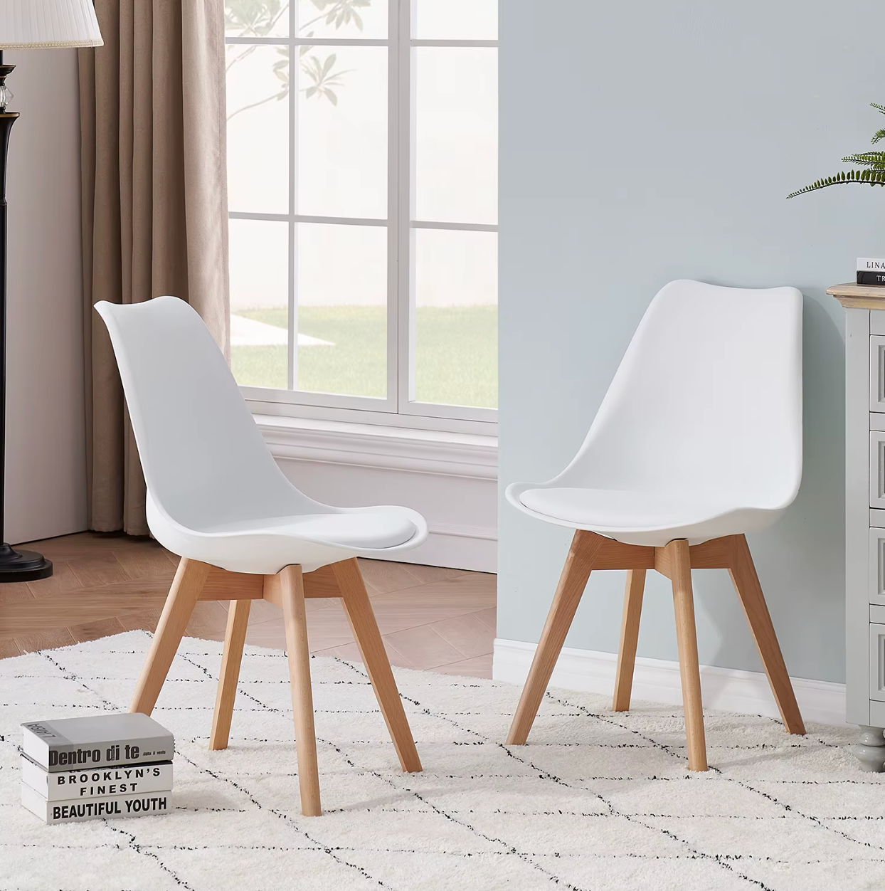 Set van 4/6 Scandinavische Stoelen Wit – PU-Lederen Zitting & Beukenhouten Poten
