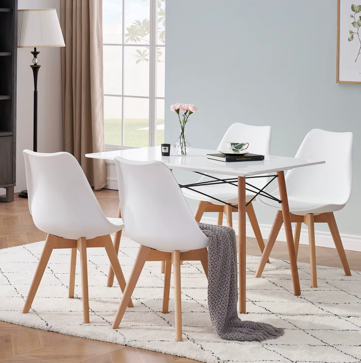 Set van 4/6 Scandinavische Stoelen Wit – PU-Lederen Zitting & Beukenhouten Poten