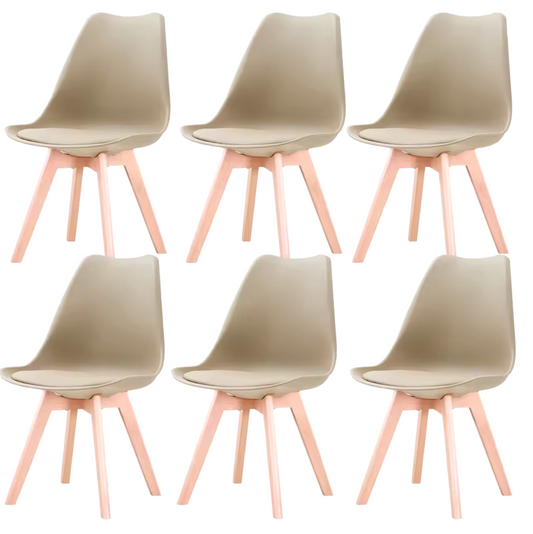 Set van 6 Scandinavische Eetkamerstoelen – PU-Lederen Zitting & Beukenhouten Poten