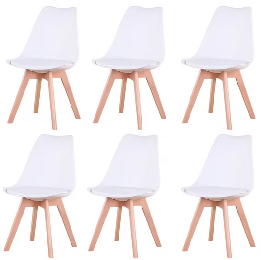 Set van 6 Scandinavische Eetkamerstoelen – PU-Lederen Zitting & Beukenhouten Poten