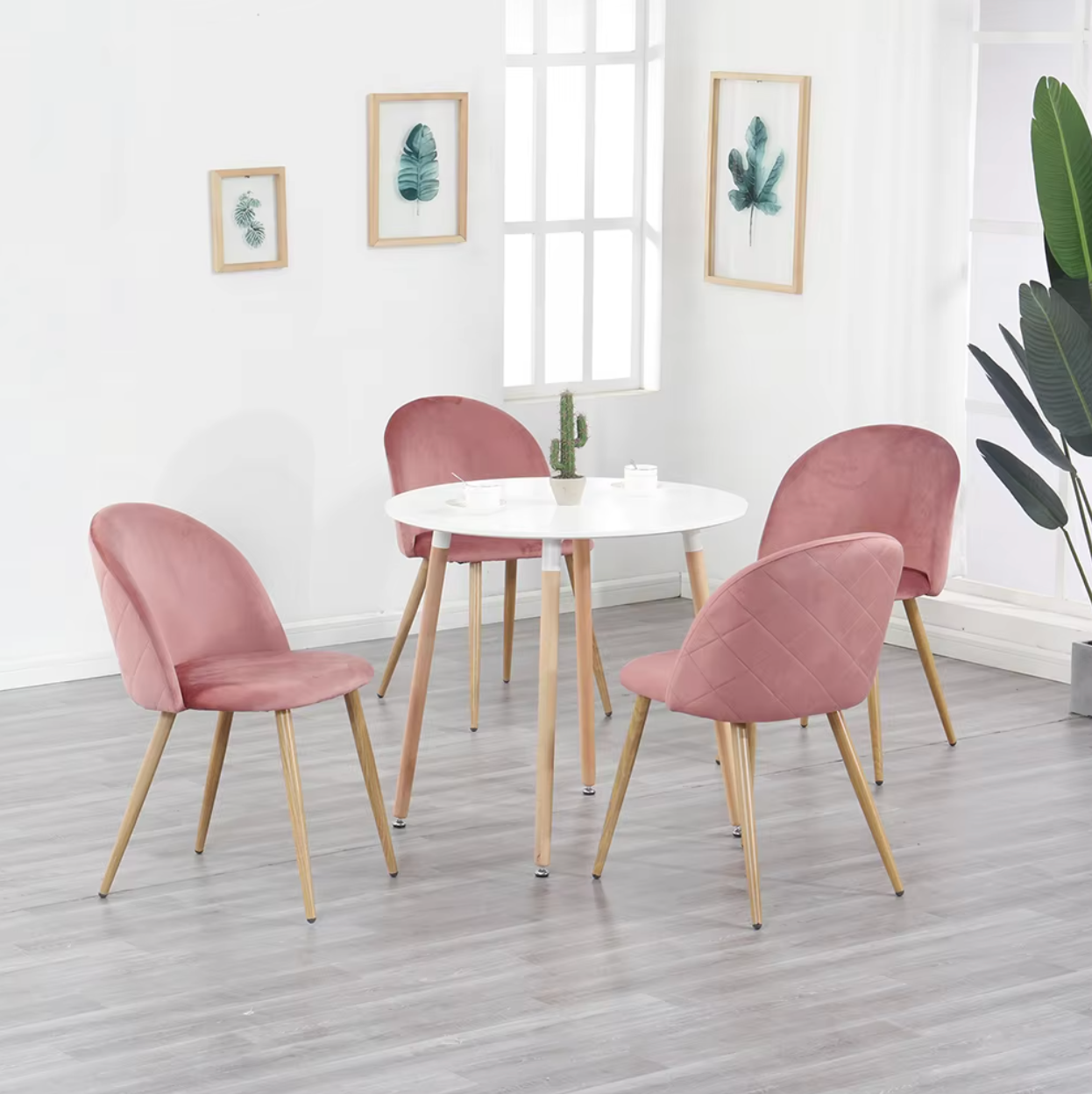 Set van 2/4/6 Fluwelen Eetkamerstoelen Roze – Zachte Zitting en Houten Poten
