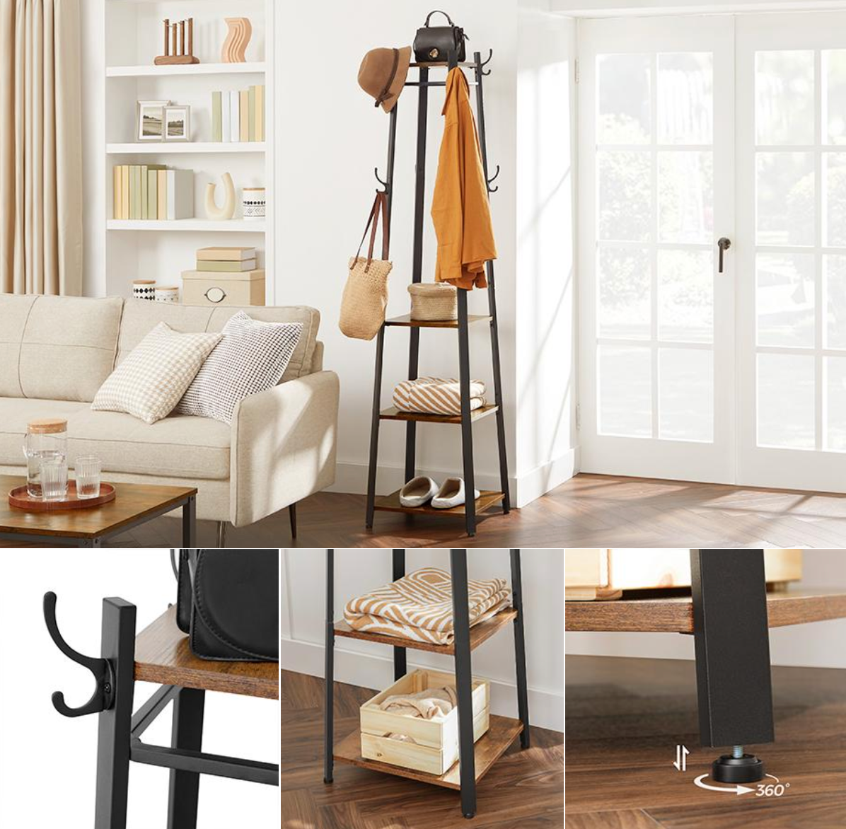Vierkante Kapstok met 8 Haken en 3 Planken – Vintage Hout
