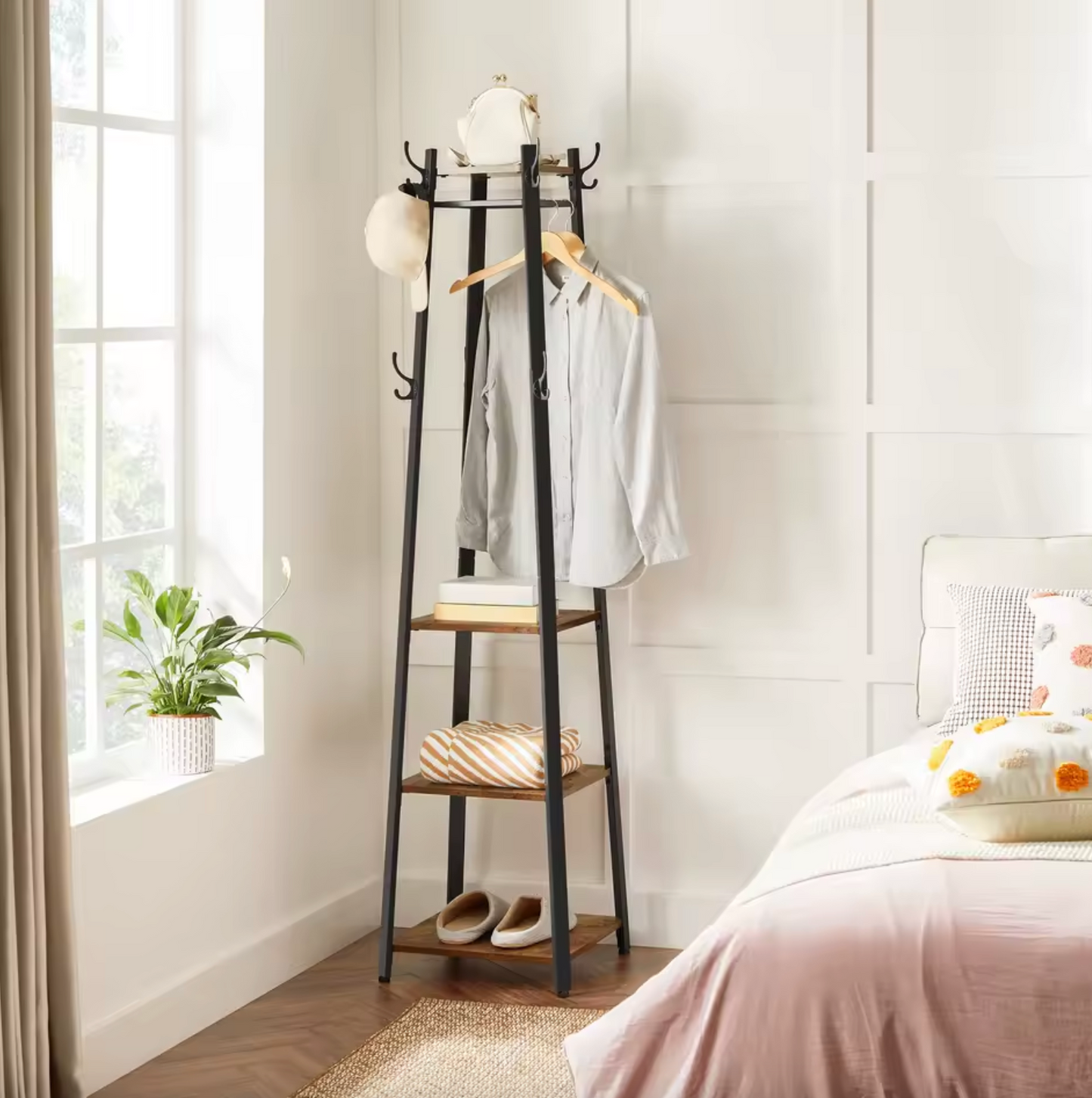 Vierkante Kapstok met 8 Haken en 3 Planken – Vintage Hout