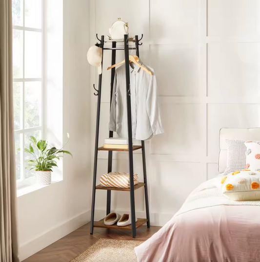 Vierkante Kapstok met 8 Haken en 3 Planken – Vintage Hout