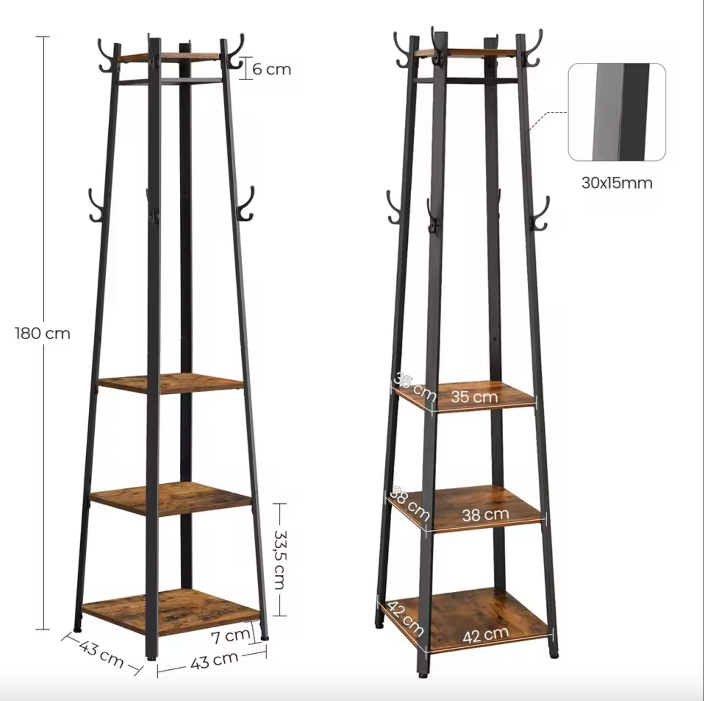 Vierkante Kapstok met 8 Haken en 3 Planken – Vintage Hout