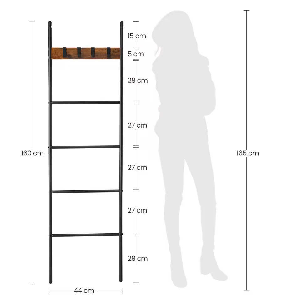 Industriële Handdoekladder met 5 Niveaus en 4 Haken - Vintage Hout