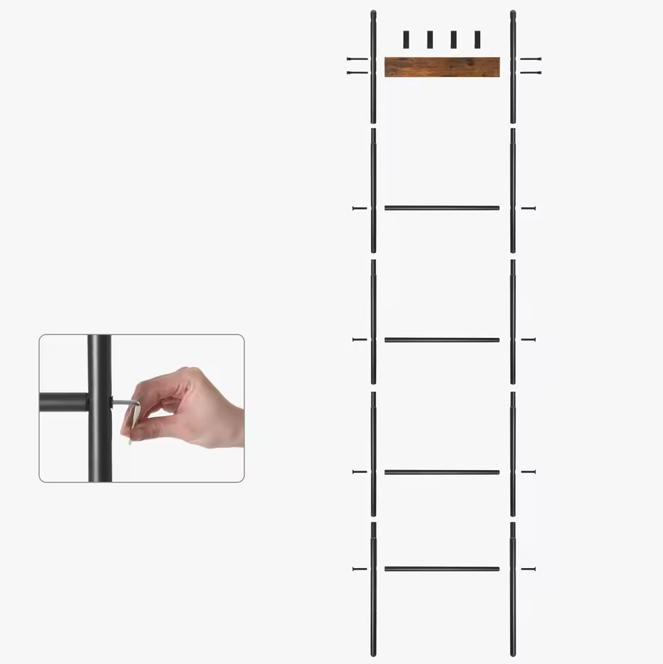 Industriële Handdoekladder met 5 Niveaus en 4 Haken - Vintage Hout