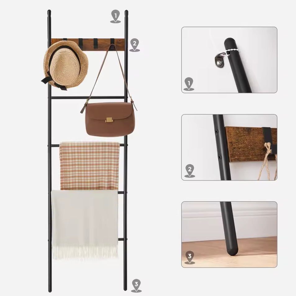 Industriële Handdoekladder met 5 Niveaus en 4 Haken - Vintage Hout