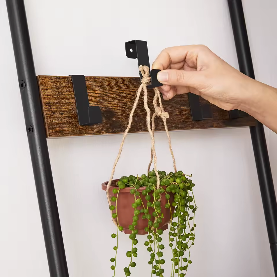 Industriële Handdoekladder met 5 Niveaus en 4 Haken - Vintage Hout