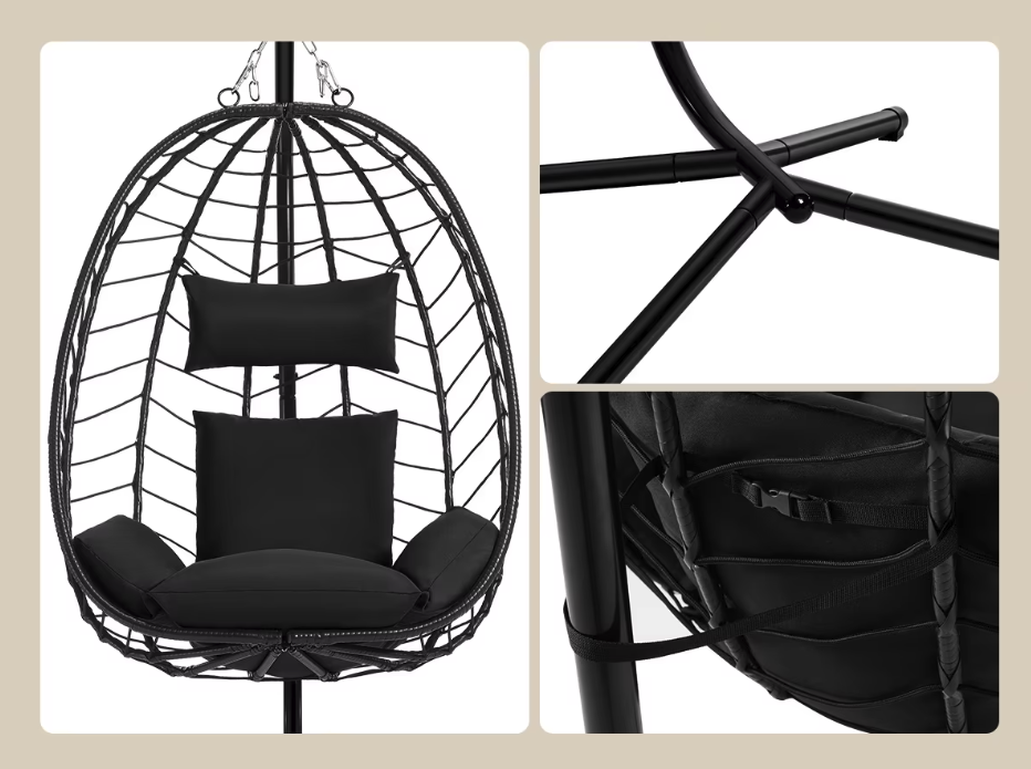 Hangstoel – Ei Stoel met Standaard – Hangende Schommelstoel met Kussens