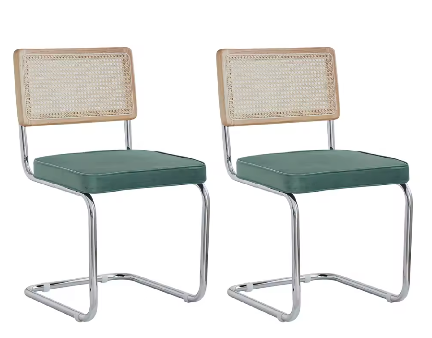 Set van 2 Retro Eetkamerstoelen – Rotan Look – Comfortabele Fluwelen Zitting – Stevig Metalen Frame – Boog Rugleuning – Natuurlijke Kleur