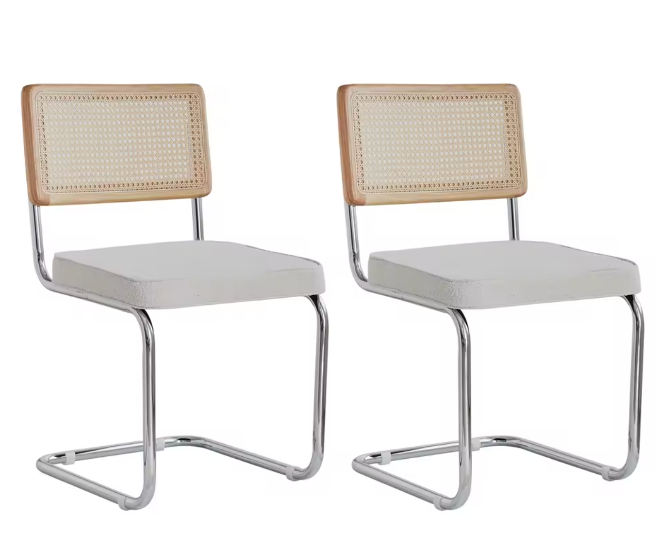 Set van 2 Retro Eetkamerstoelen – Rotan Look – Comfortabele Fluwelen Zitting – Stevig Metalen Frame – Boog Rugleuning – Natuurlijke Kleur