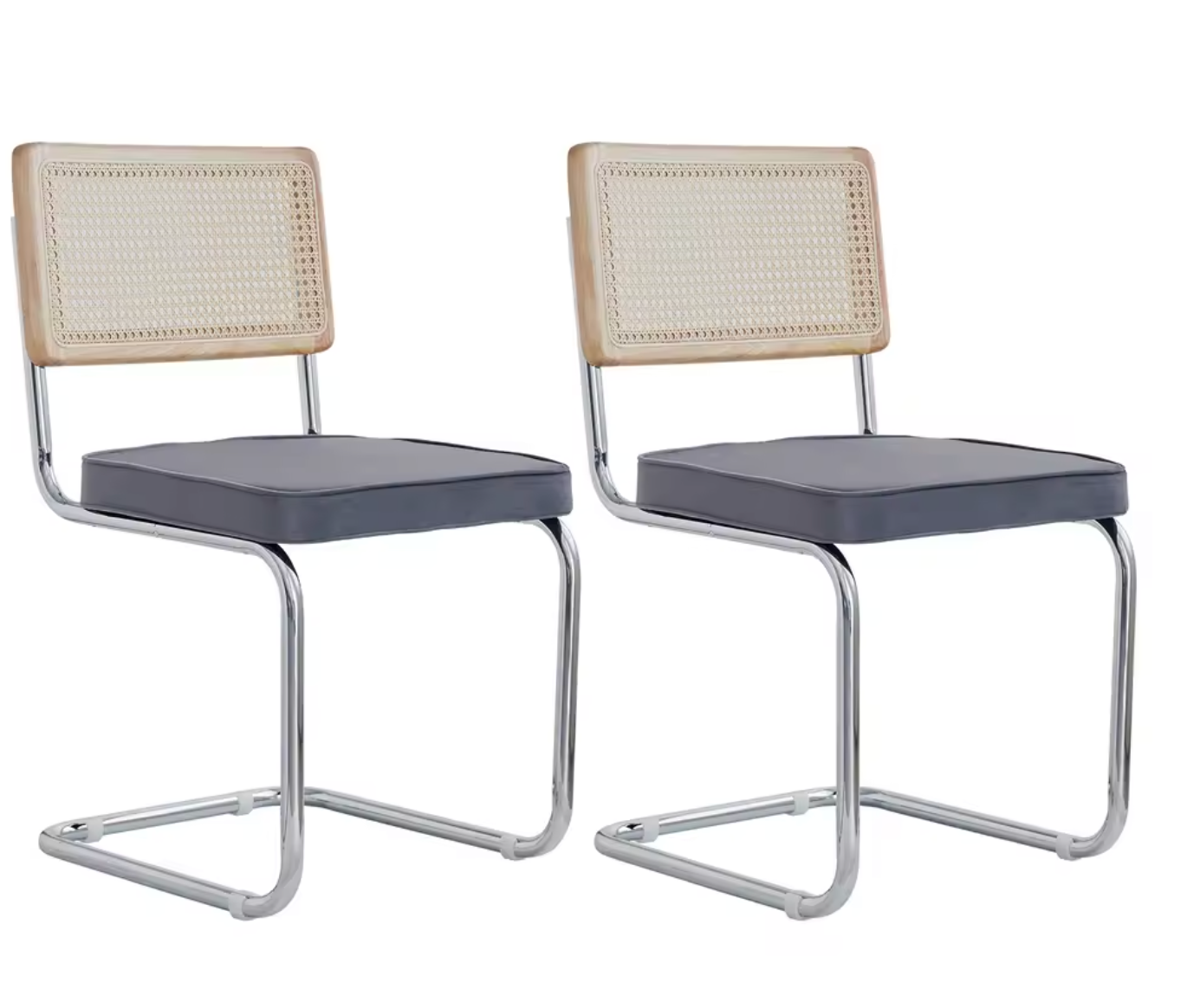 Set van 2 Retro Eetkamerstoelen – Rotan Look – Comfortabele Fluwelen Zitting – Stevig Metalen Frame – Boog Rugleuning – Natuurlijke Kleur
