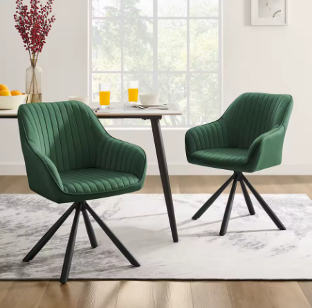 Stoelen Set van 2 Fluwelen Eetkamerstoelen met Armleuningen – Gestoffeerde Keukenstoelen tot 120 kg – Ergonomisch Design – Karamel Bruin & Groen